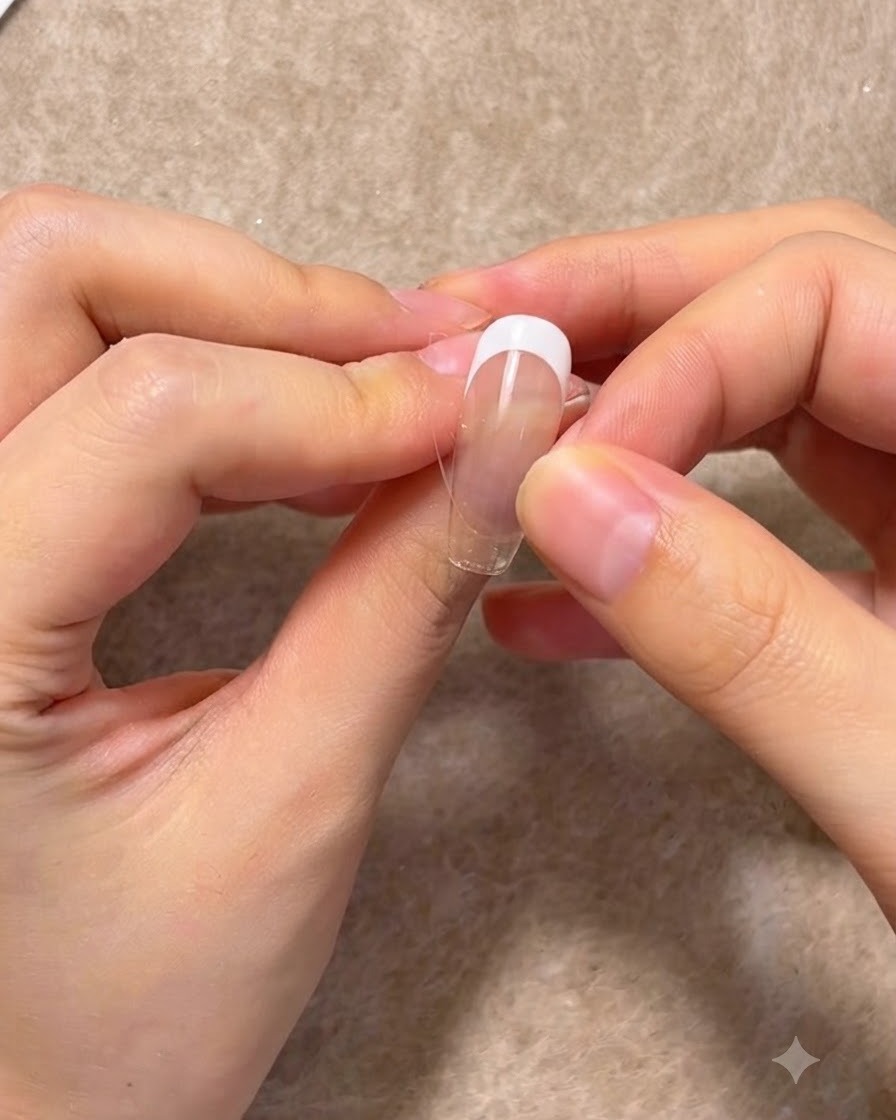 Doigts plaçant un sticker de guide pour ongle French sur la surface propre dune extension dongle.