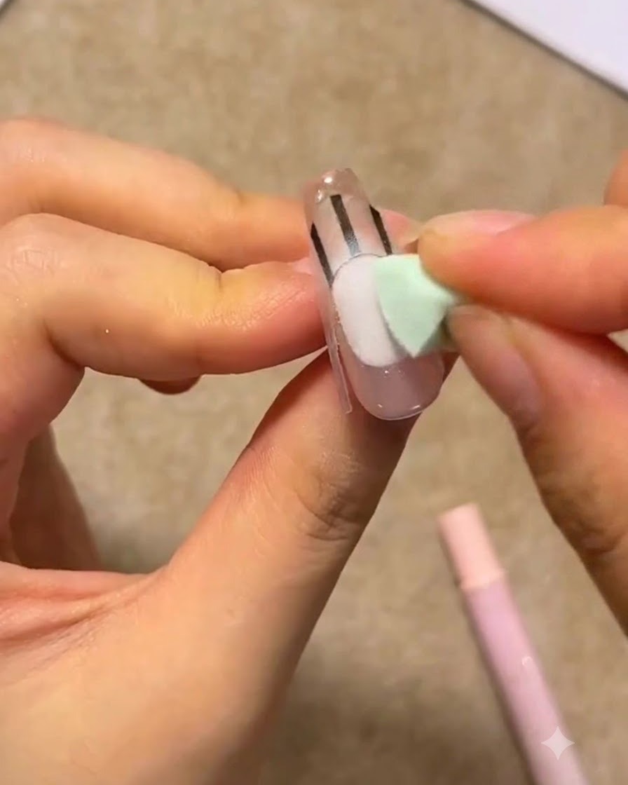 Un petit applicateur éponge vert appliquant du gel blanc sur un ongle muni de stickers de guide French.