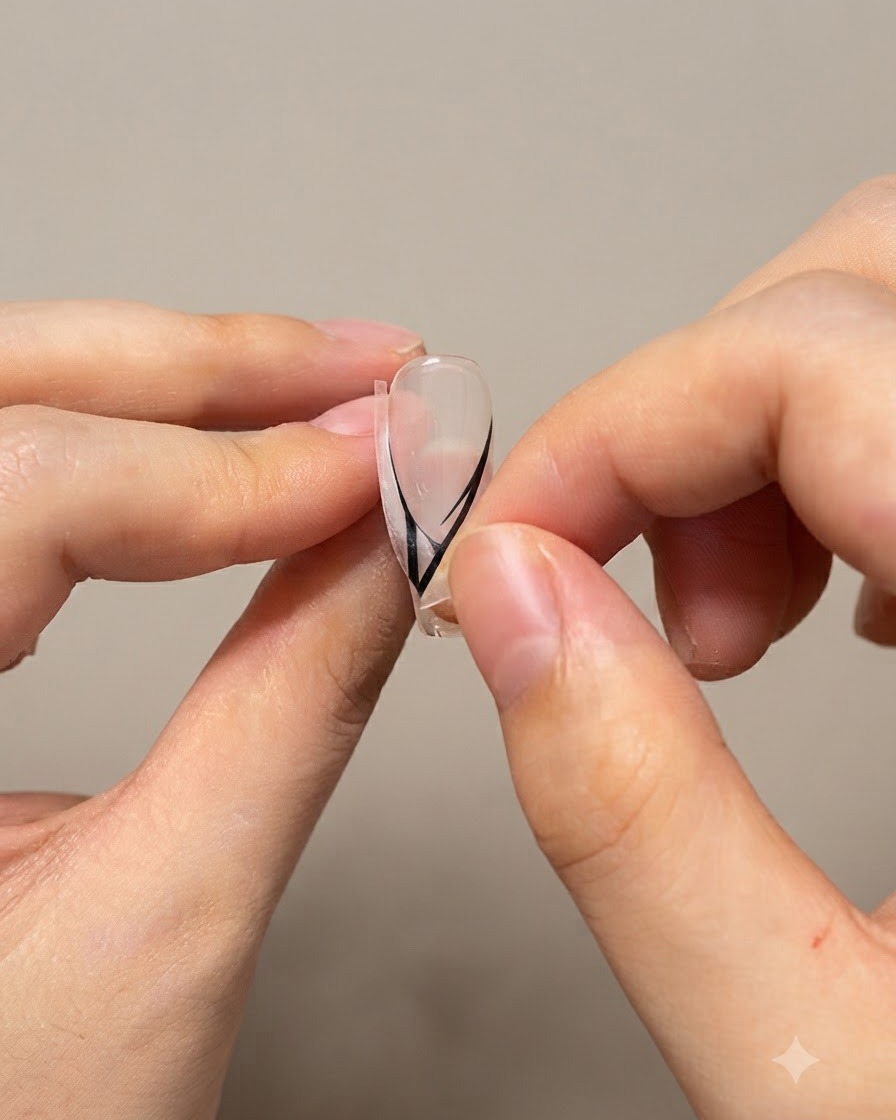 Gros plan de mains retirant délicatement les stickers de lignes guides French blancs sur les côtés dun faux onglet transparent.