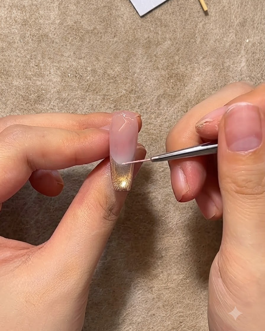 Un pinceau fin pour nail art dessinant méticuleusement une ligne de bordure rose au milieu dun ongle décoré.
