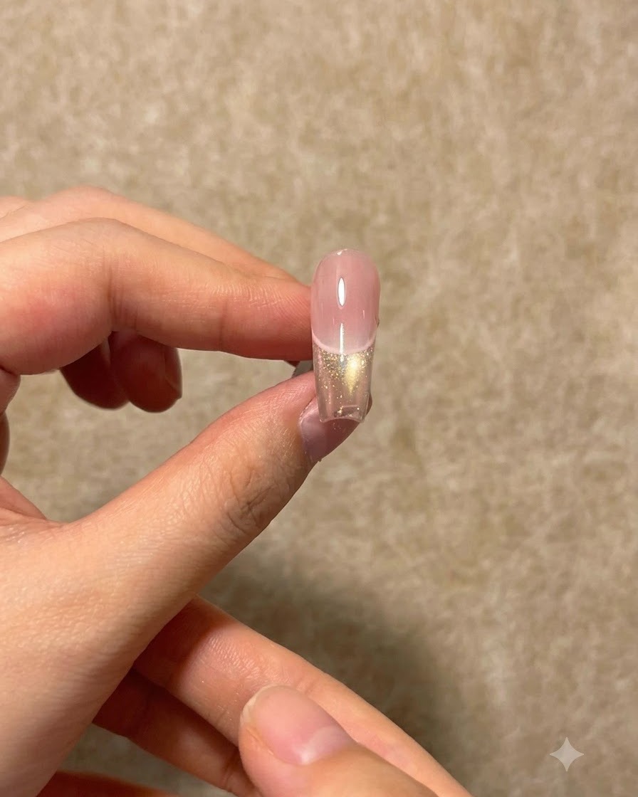 Une vue rapprochée dun ongle French dégradé rose et or achevé, tenu contre un fond neutre.