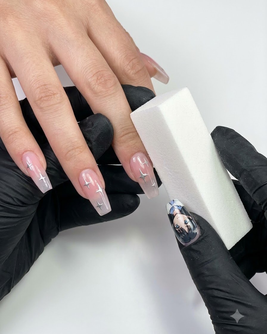 Une personne portant des gants noirs tenant un bloc polissoir à ongles près de doigts manucurés.