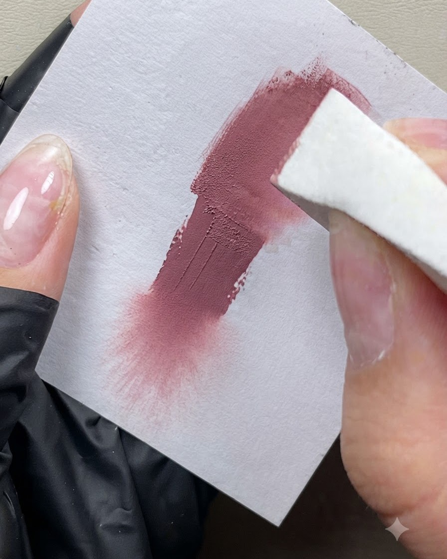 Un bloc-éponge tamponnant du gel rose pêche sur une carte papier, montrant un échantillon texturé lisse.