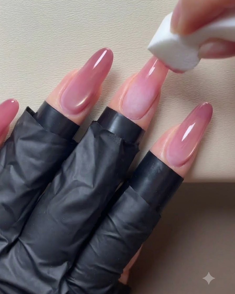 Un bloc-éponge appliquant un dégradé rose doux sur le bout de longs ongles en acrylique à base nude.