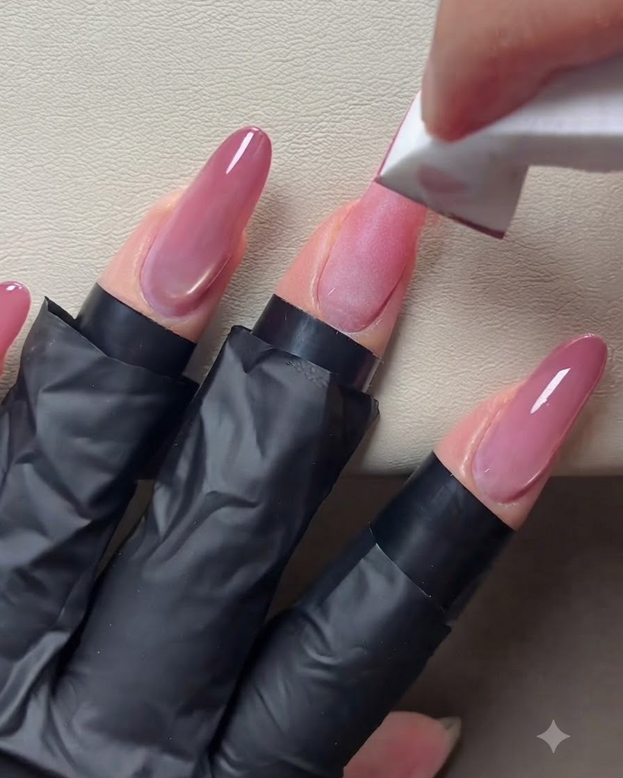 Un bloc-éponge appliquant une seconde couche plus profonde de couleur rose pêche sur le bout des ongles manucurés.
