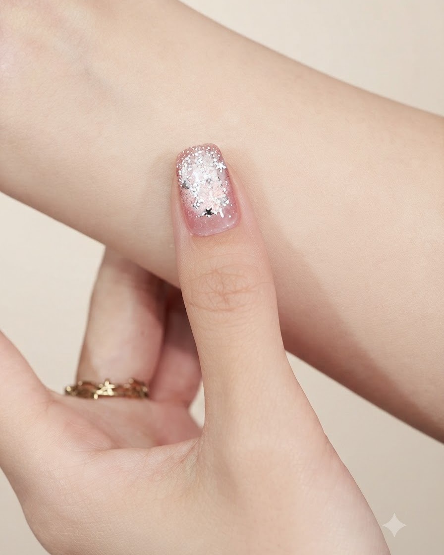 Un outil métallique ramassant une petite pièce de paillettes en forme détoile argentée sur fond neutre.