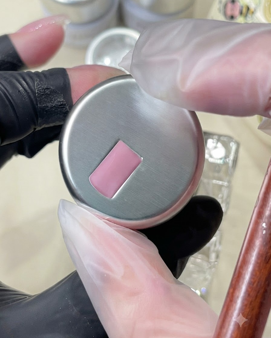 Un pinceau tenant et montrant la consistance dun gel cat-eye rose au-dessus dune installation dongles.