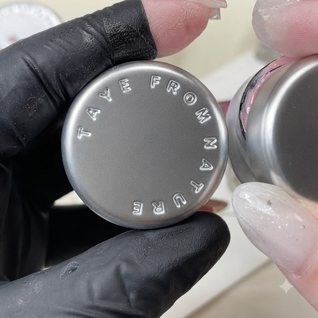 Un pot de vernis gel rose avec du texte en relief sur le couvercle tenu pendant la préparation de la couleur personnalisée.