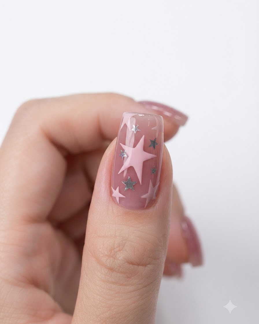 Gros plan dun ongle de pouce présentant une grande étoile rose peinte recouverte dune texture diamant étincelante.