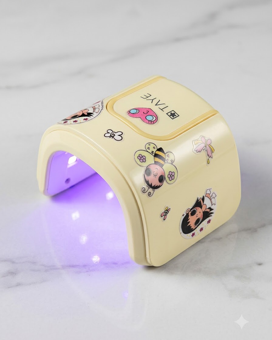 Une main placée à lintérieur dune lampe UV LED portable compacte catalysant le récent nail art.
