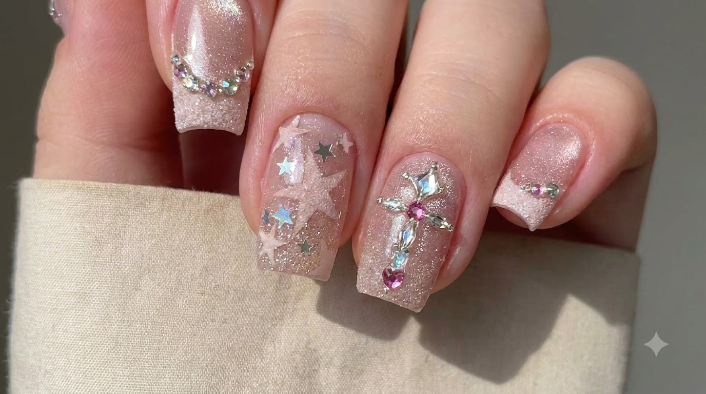 Ongles Œil-de-Chat Français Étoilés — Tutoriel Nail Art Cristaux 3D