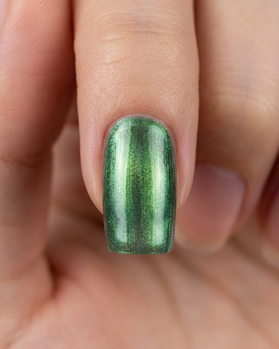 Gros plan dun ongle vert cat eye avec un effet de bande magnétique au centre.