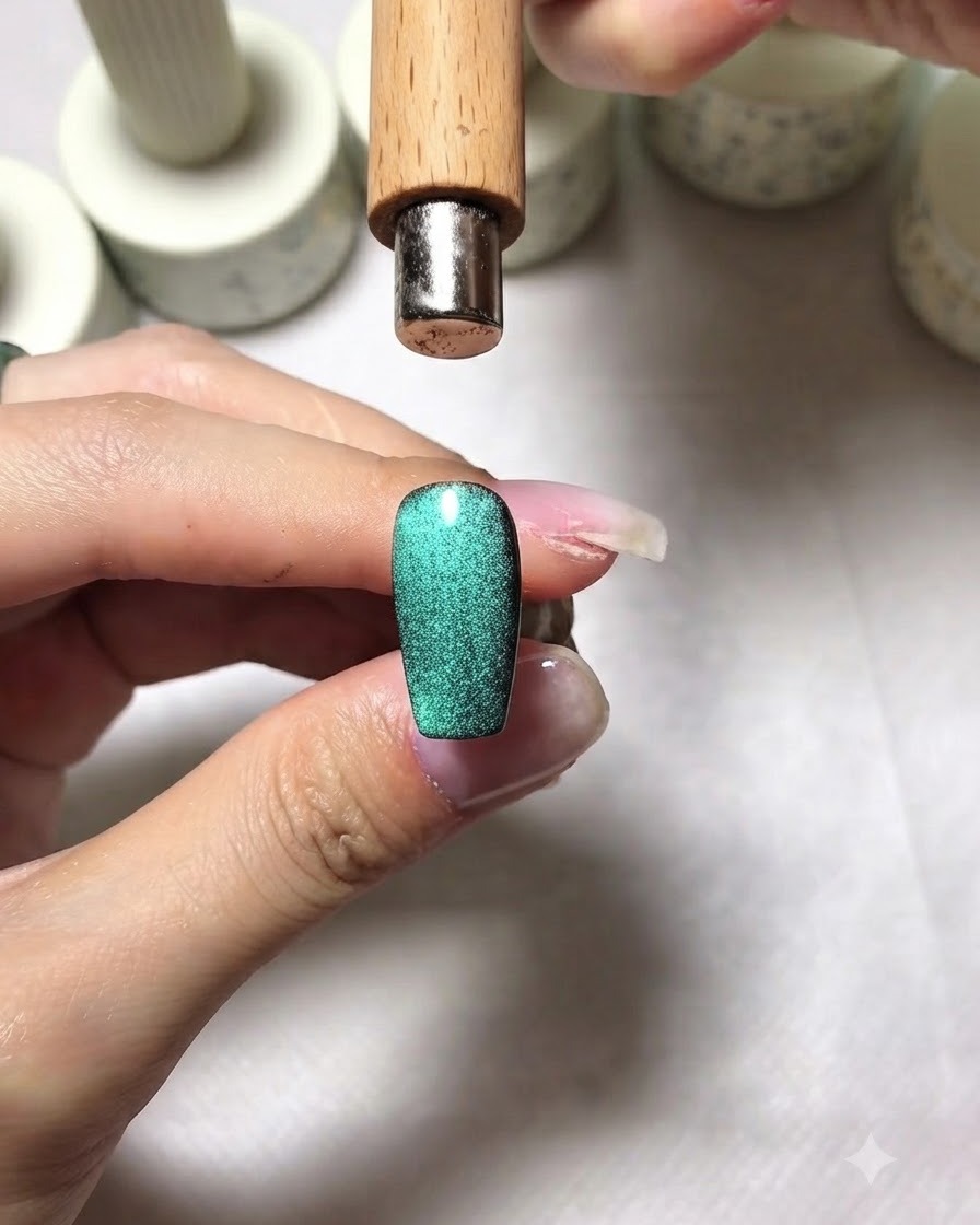 Une baguette magnétique tenue directement au-dessus dun ongle cat eye vert étincelant pour concentrer la lumière.