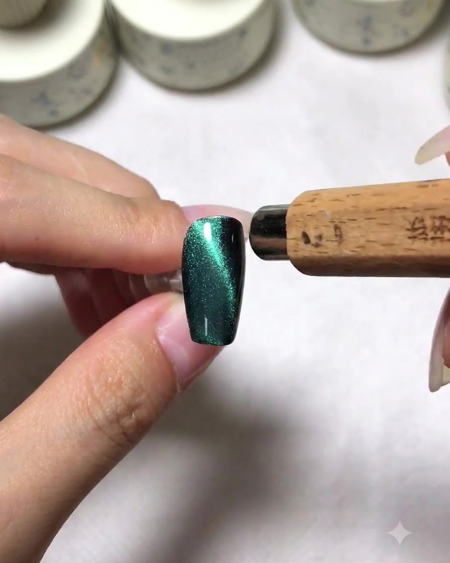 Un outil magnétique positionné sur le côté droit dun ongle cat eye vert pour créer un reflet latéral.