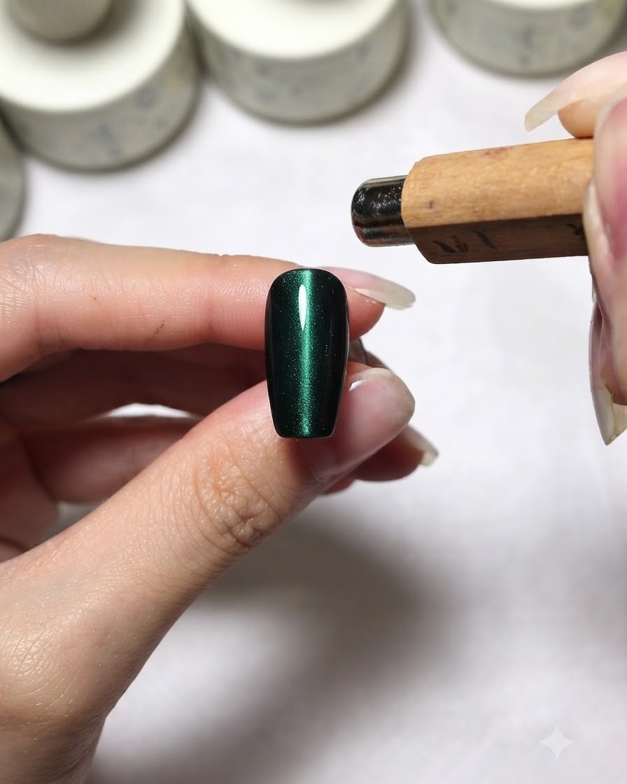 Un aimant cylindrique tenu au-dessus dun ongle cat eye vert foncé pour façonner une bande lumineuse en courbe C.
