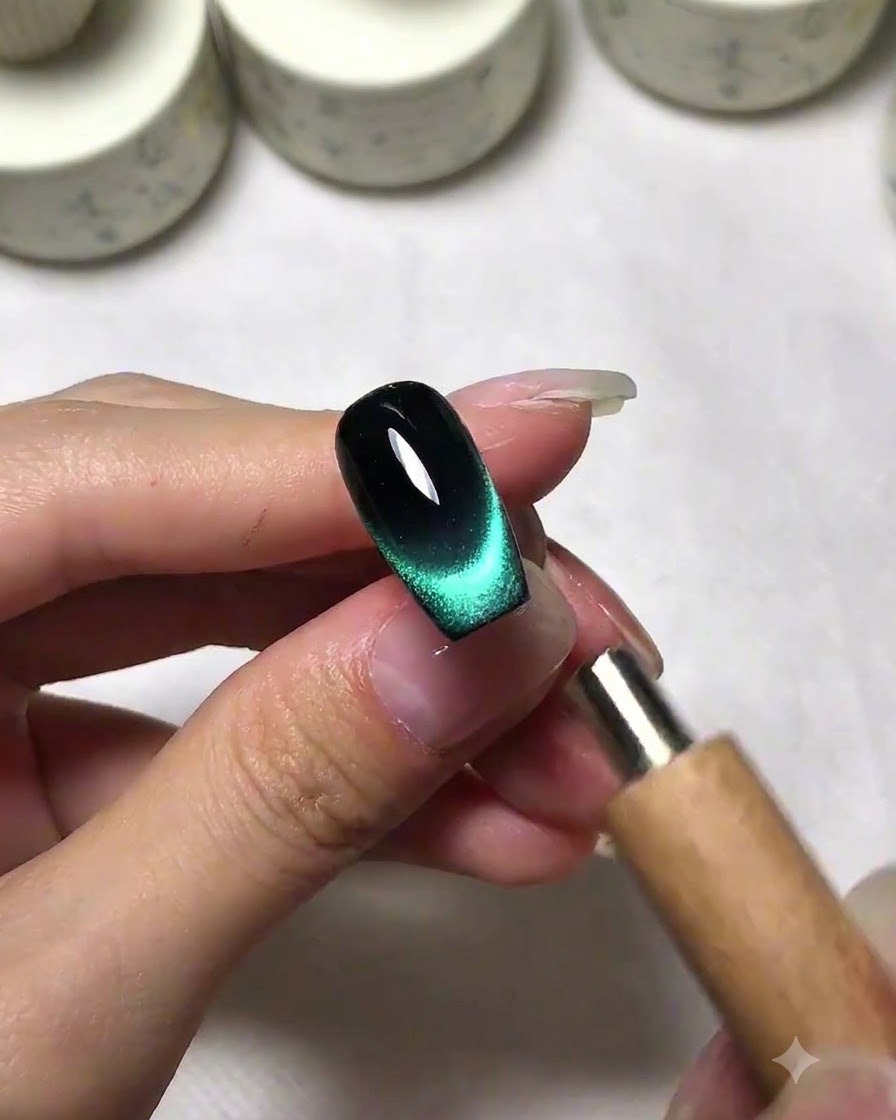 Un aimant diffusant le pigment cat eye pour créer un effet de dégradé French sur un ongle manucuré foncé.
