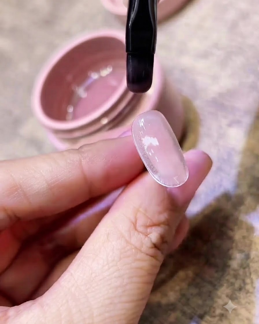 Un pinceau à gel plat appliquant un vernis gel rose nude lisse sur une capsule dongle transparente tenue au-dessus dun pot de gel rose.