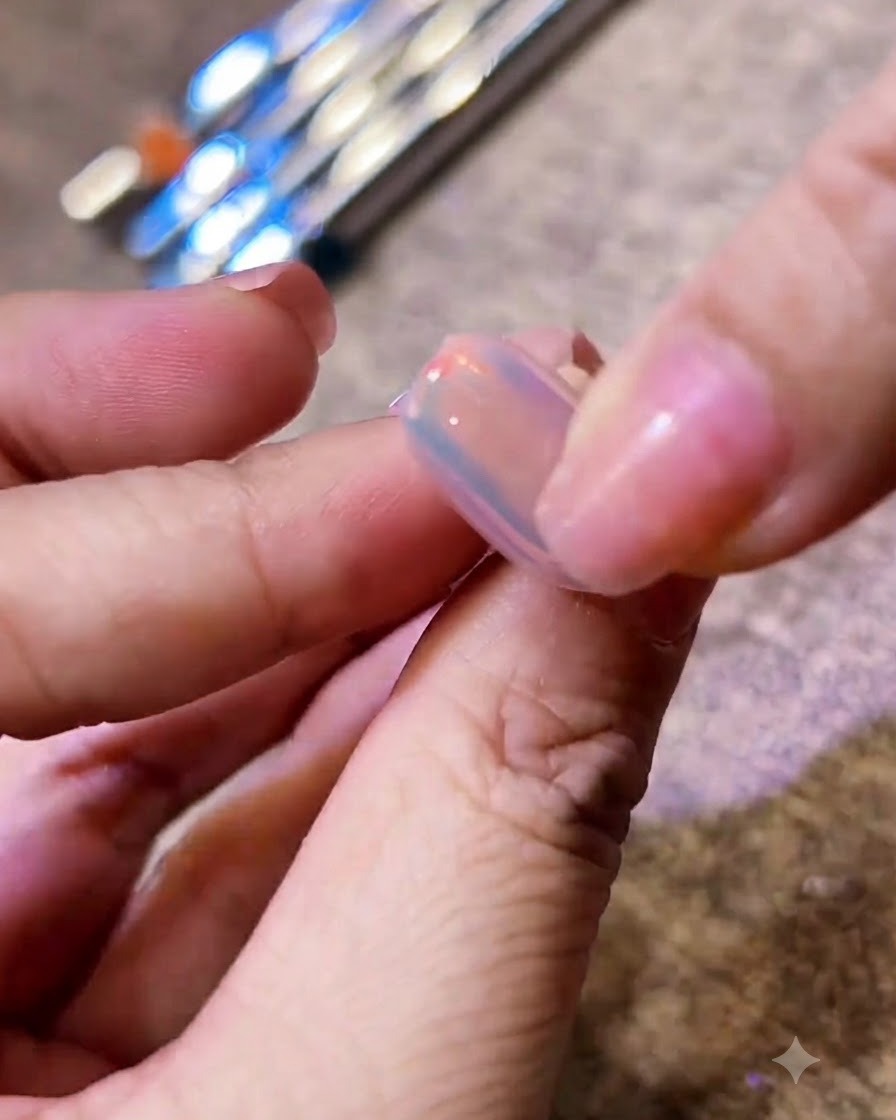Un ongle manucuré en cours de catalysation sous la lumière dune lampe à ongles.