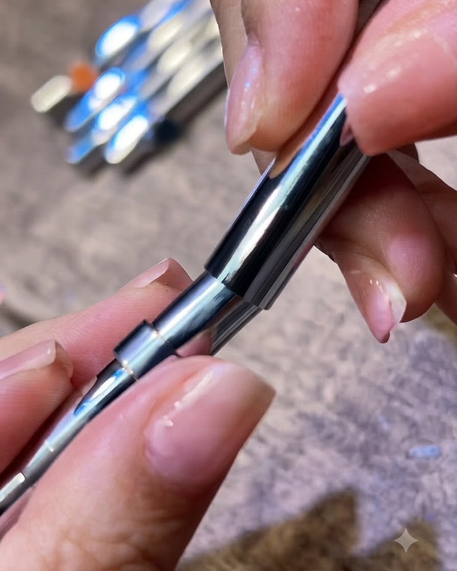 Gros plan dun pinceau applicateur en silicone plat appliquant de la poudre chrome aurora sur la surface dun ongle.
