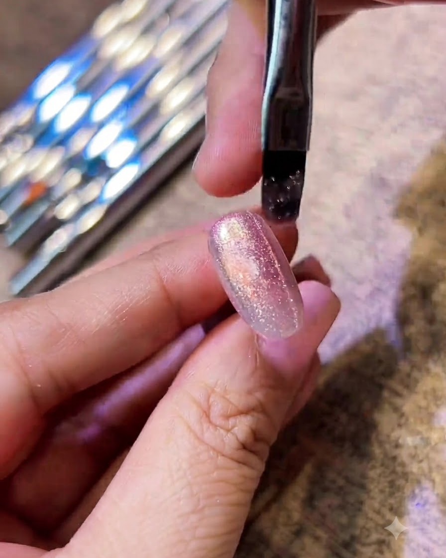 Un pinceau à gel appliquant un vernis gel cat-eye scintillant sur un ongle.