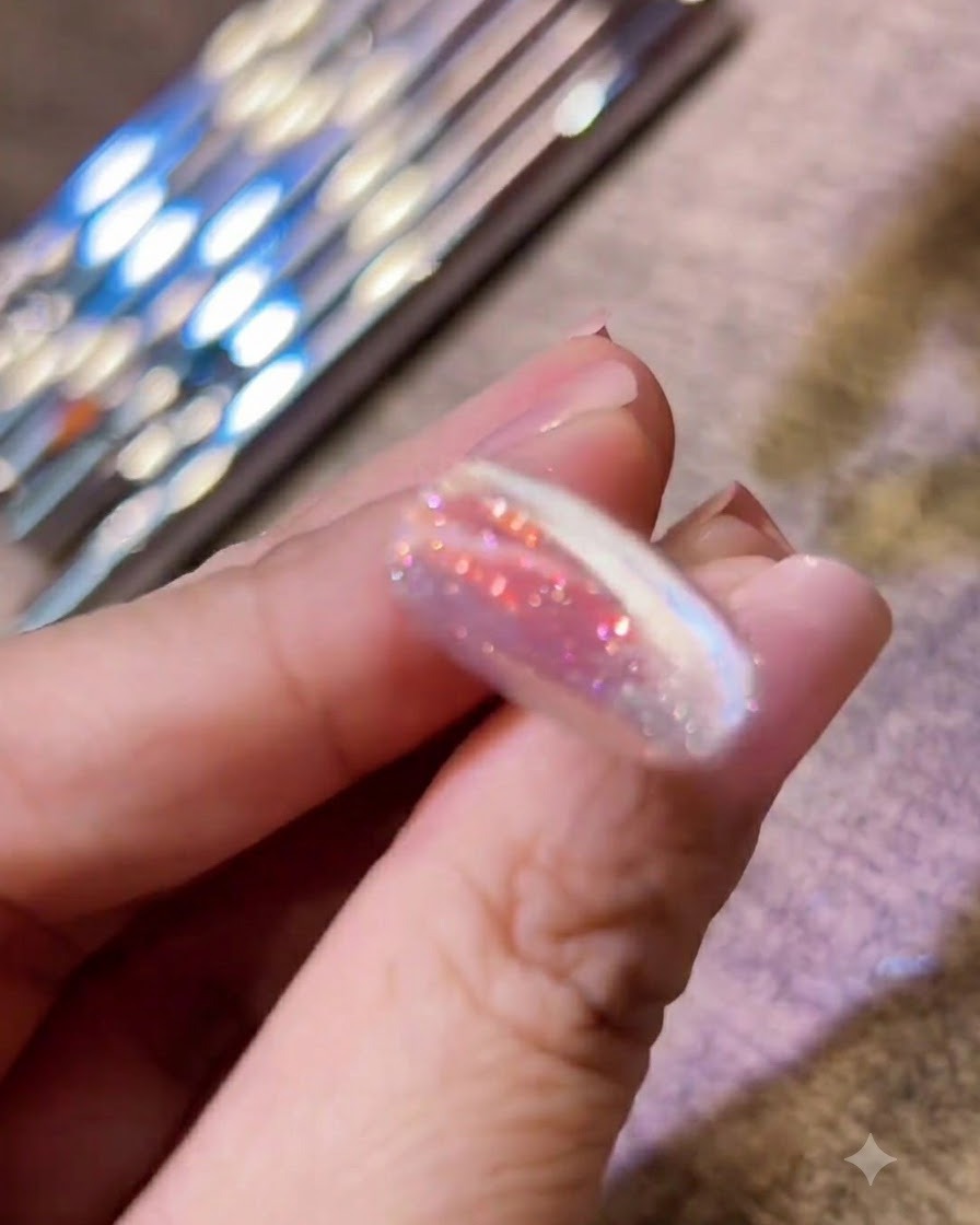 Une main reposant à lintérieur dune lampe à ongles UV LED avec une lumière violette éclatante catalysant le gel.