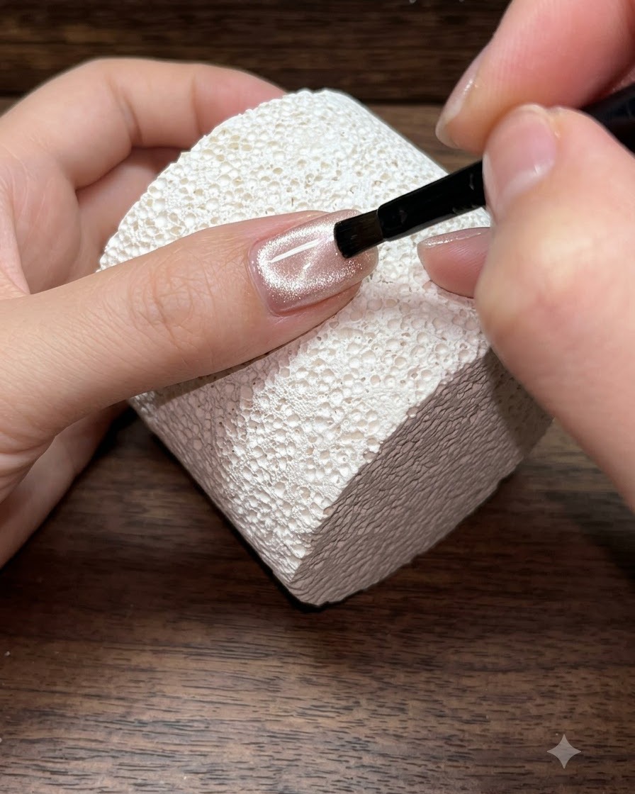 Un pinceau à ongle appliquant du gel cat eye couleur champagne sur la surface dun ongle préparé.