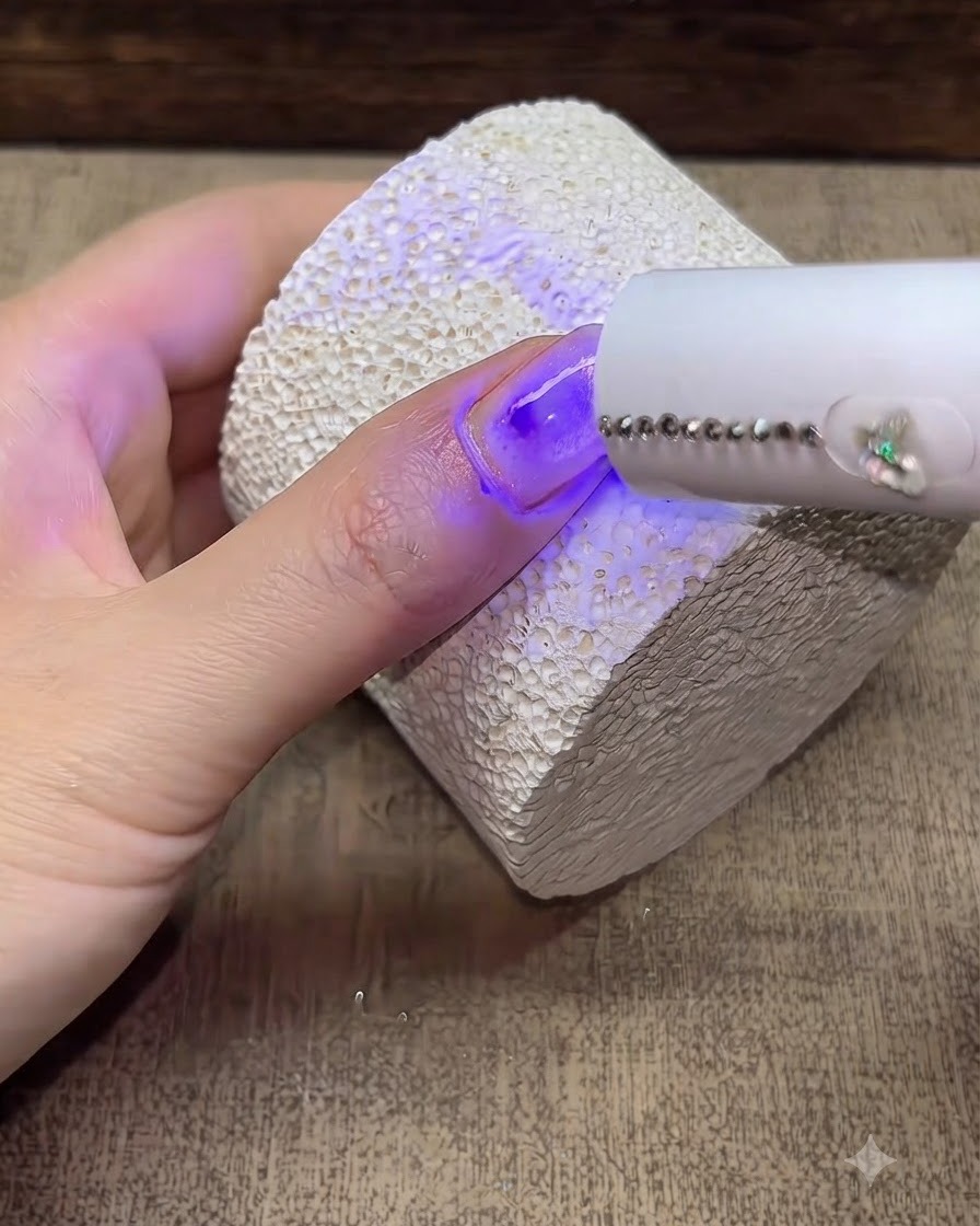 Une lampe UV/LED portable pour les ongles catalysant un doigt manucuré reposant sur une surface blanche texturée.