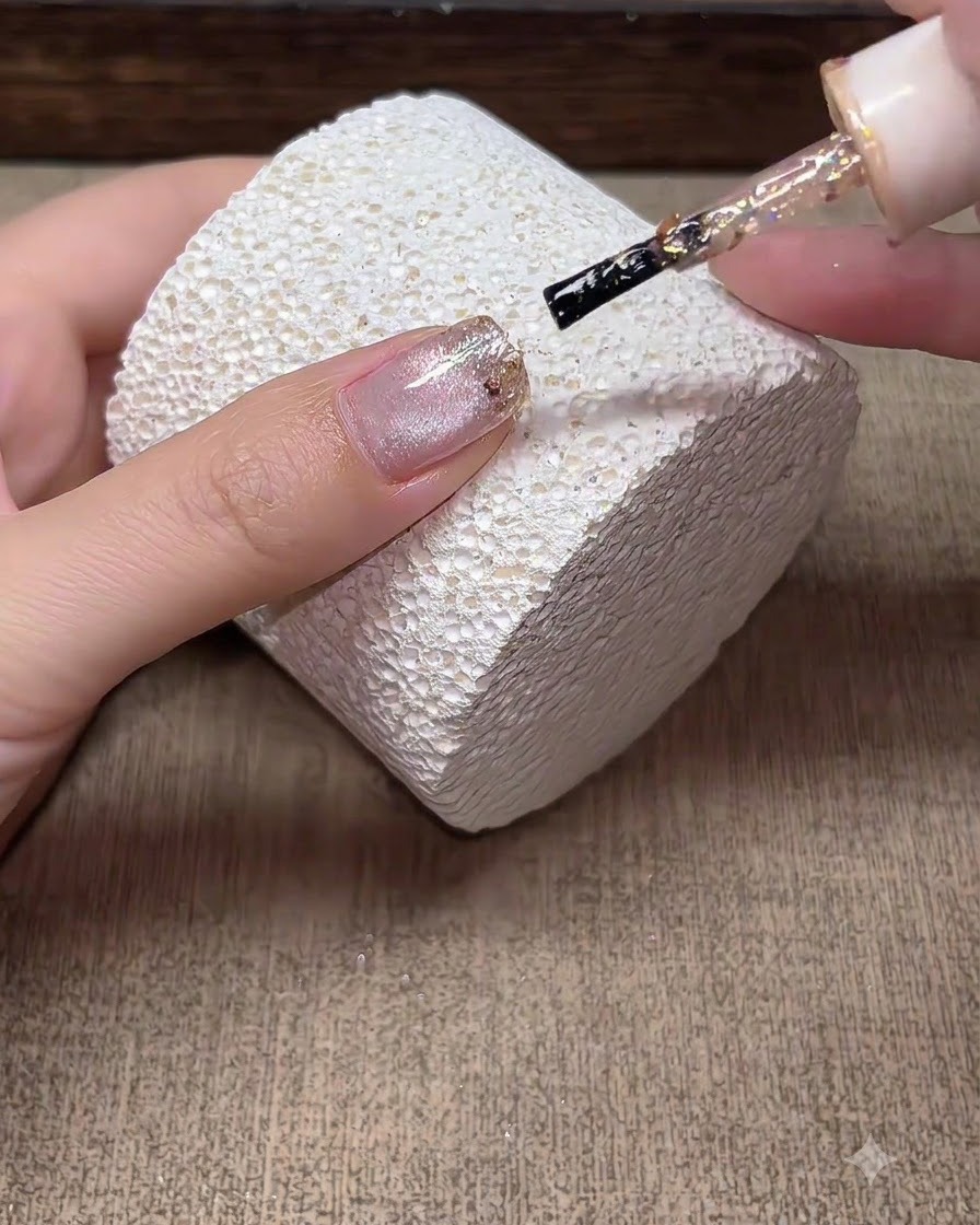 Un pinceau à ongle déposant des flocons de paillettes champagne sur le bout dun ongle en gel cat eye.