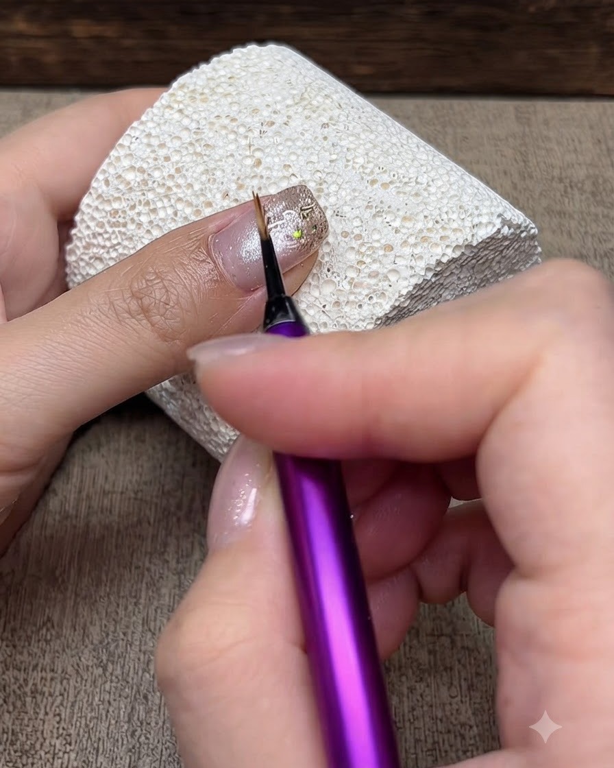 Un pinceau fin de précision tenu délicatement au-dessus dune surface dongle au dégradé scintillant pendant le travail de détail.
