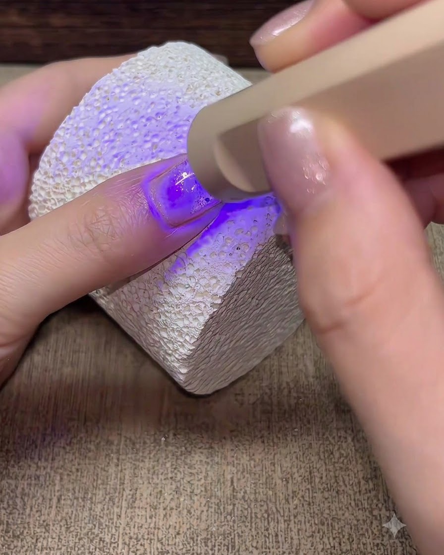 Une lampe UV/LED portable catalysant un ongle recouvert de gel de construction.