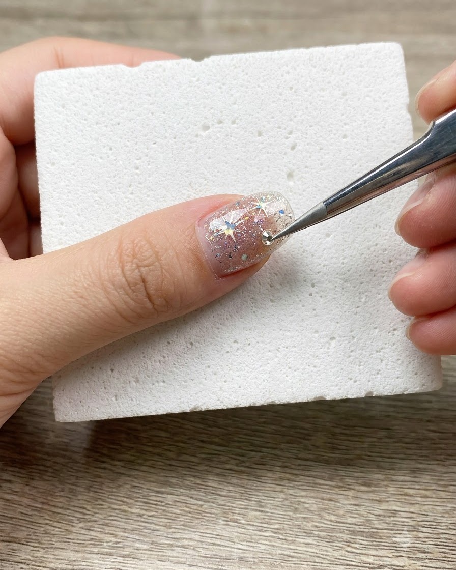 Un outil de précision positionnant une petite bille de strass argentée sur un ongle décoré reposant sur un bloc éponge.