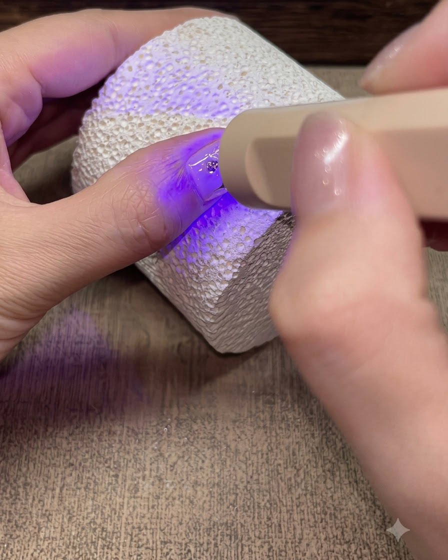 Une lampe UV/LED portable catalysant le scellage final du top coat sur un design dongles étoiles scintillantes.