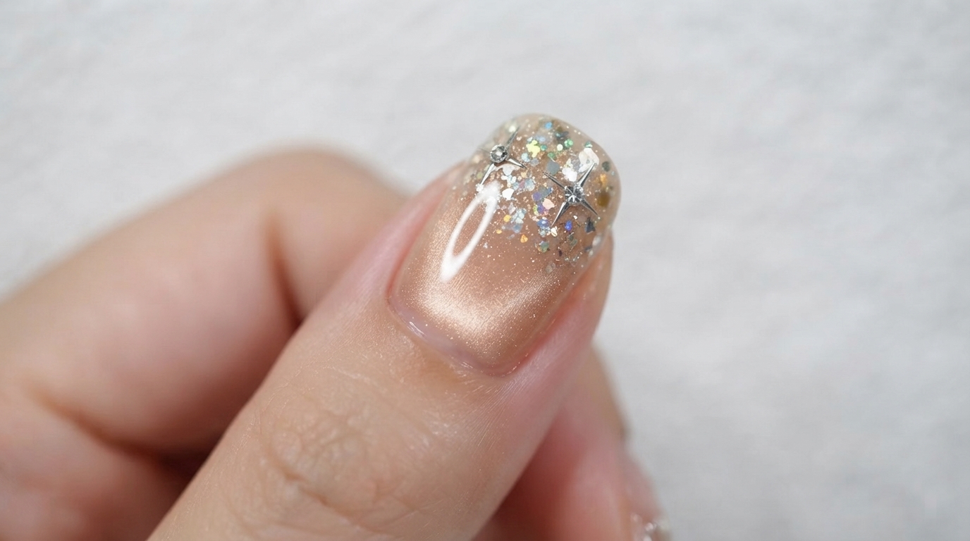 Tutoriel Ongles Gel Cat Eye Champagne et Étoiles Scintillantes