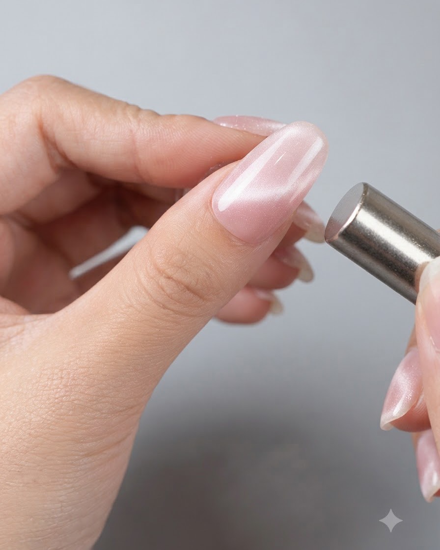 Un bâtonnet aimanté cylindrique tenu près dun ongle cat eye rose brillant pour déplacer les particules magnétiques.