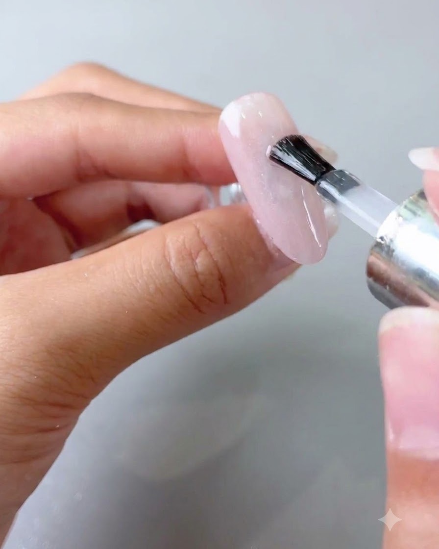 Un pinceau appliquant une couche de top coat transparent sur la surface dun ongle manucuré.