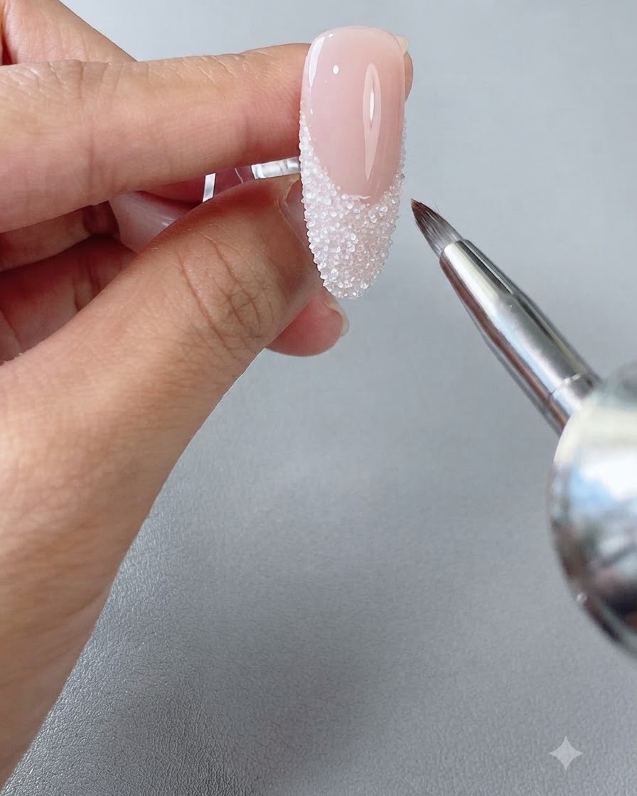 Un petit pinceau à ongles balayant délicatement lexcédent de poudre de résine blanche de la pointe French dun ongle long en amande.