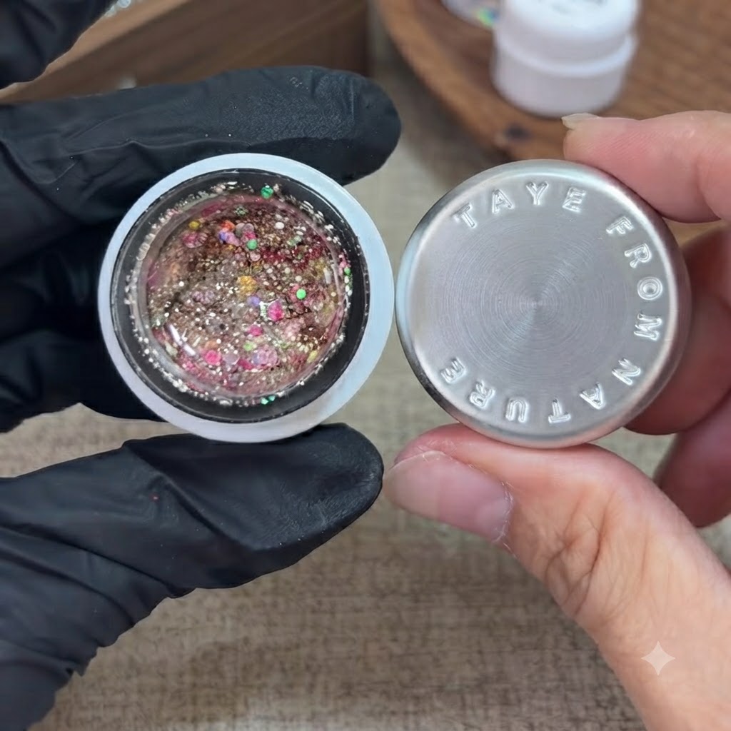 Une main gantée tenant un pot ouvert de gel à paillettes tandis quun petit pinceau trempe dans le mélange coloré.