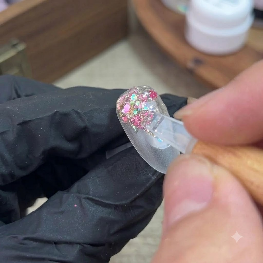 Un petit pinceau appliquant du gel à paillettes colorées sur le bord arrière dune capsule dongle transparente.