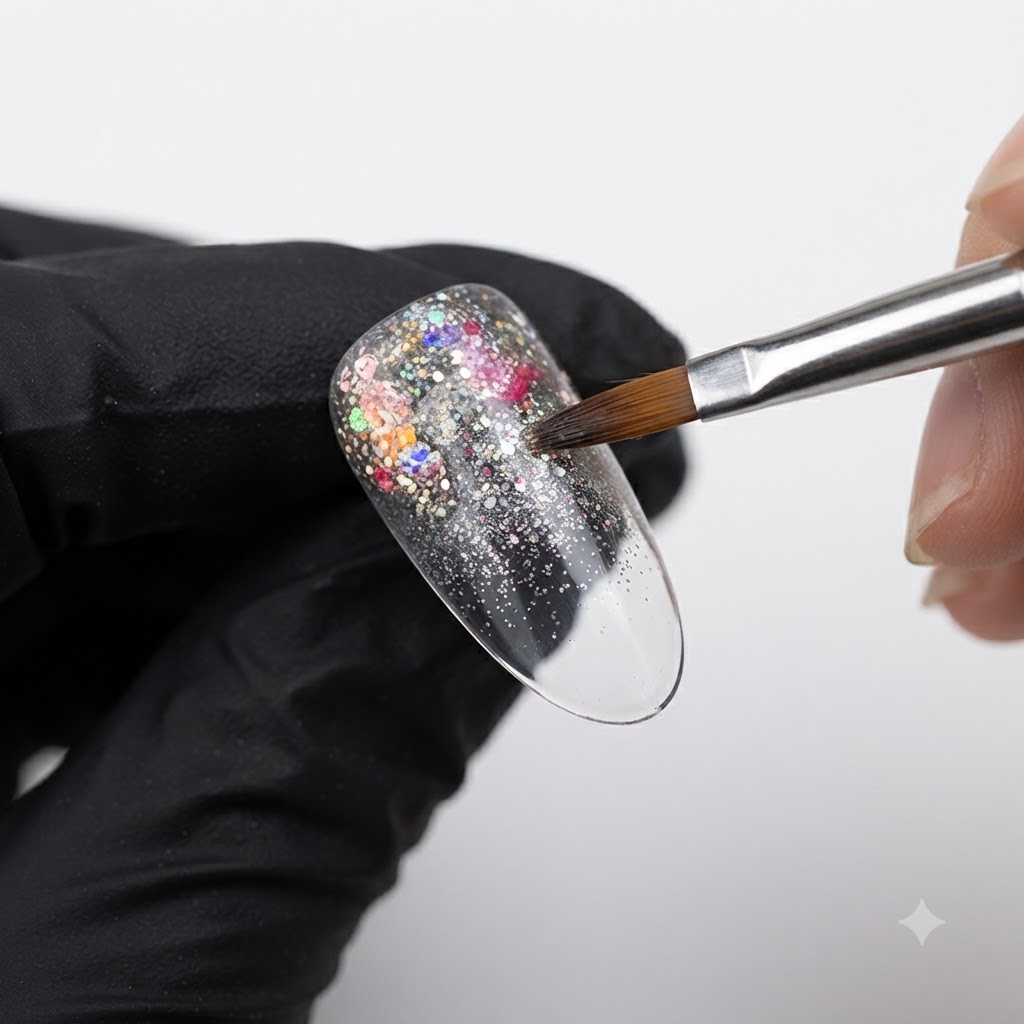 Un pinceau étirant le gel pailleté vers le bas le long dune capsule pour créer un dégradé ombré.