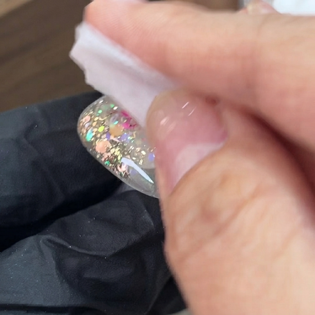 Une lingette non pelucheuse nettoyant la surface dun ongle manucuré pour éliminer la couche collante.