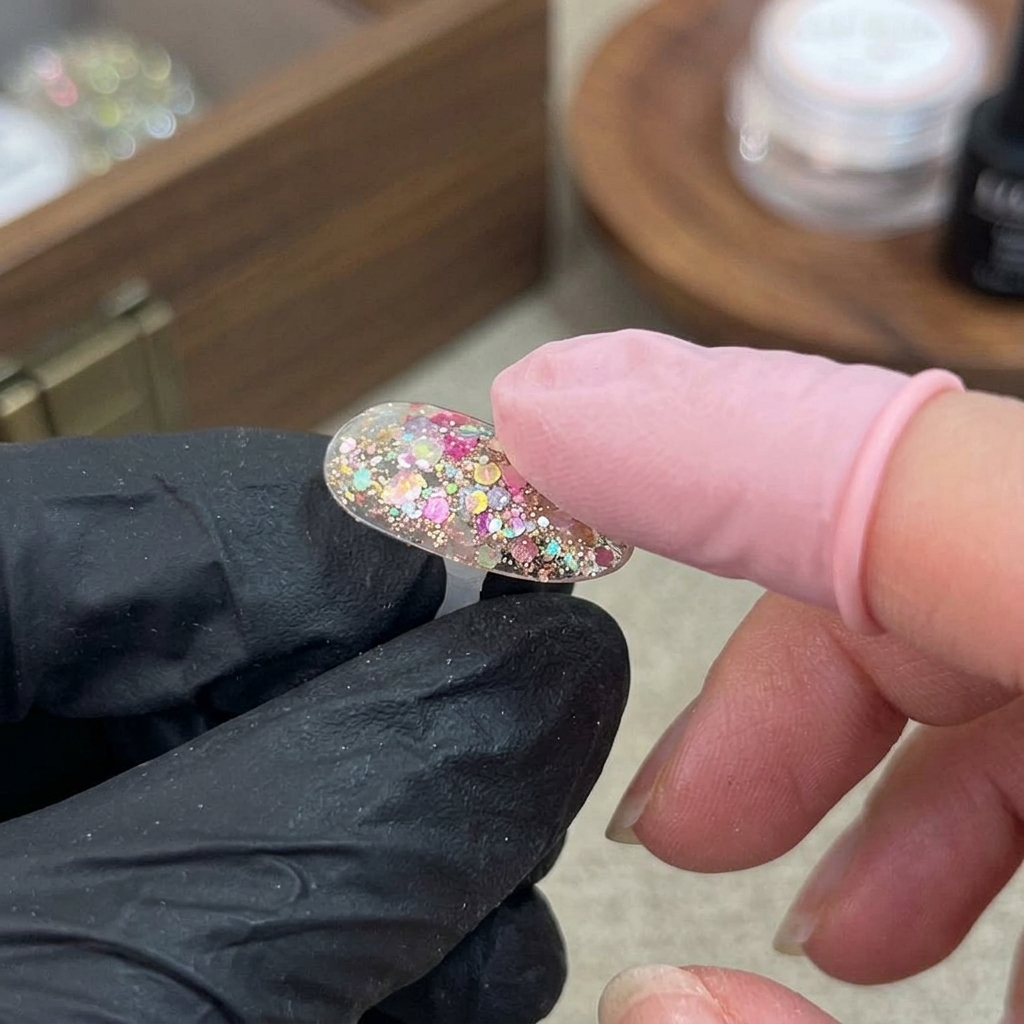Une petite éponge de maquillage tapotant doucement un dégradé de gel blanc sur une extension dongle nude recouverte de paillettes.