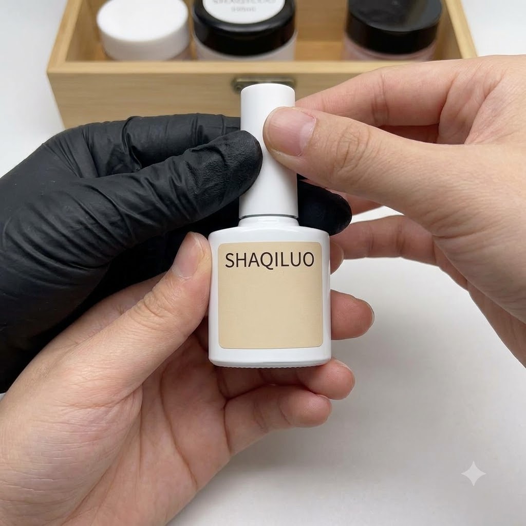 Une main gantée tenant un flacon blanc de vernis gel Shaquiluo sur un fond de table en bois.