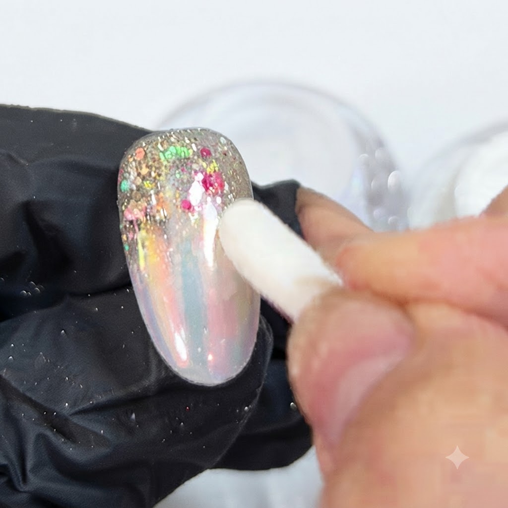 Un applicateur en éponge propre pressant fermement sur la surface dun ongle recouvert de poudre aurora tenu dans une main gantée.