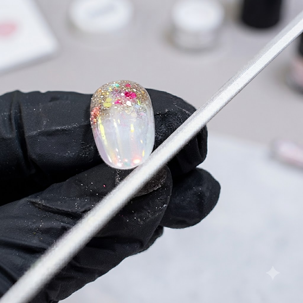Une lime à ongles en métal reposant sur une surface dongle décorée tenue par une main dans un gant noir.