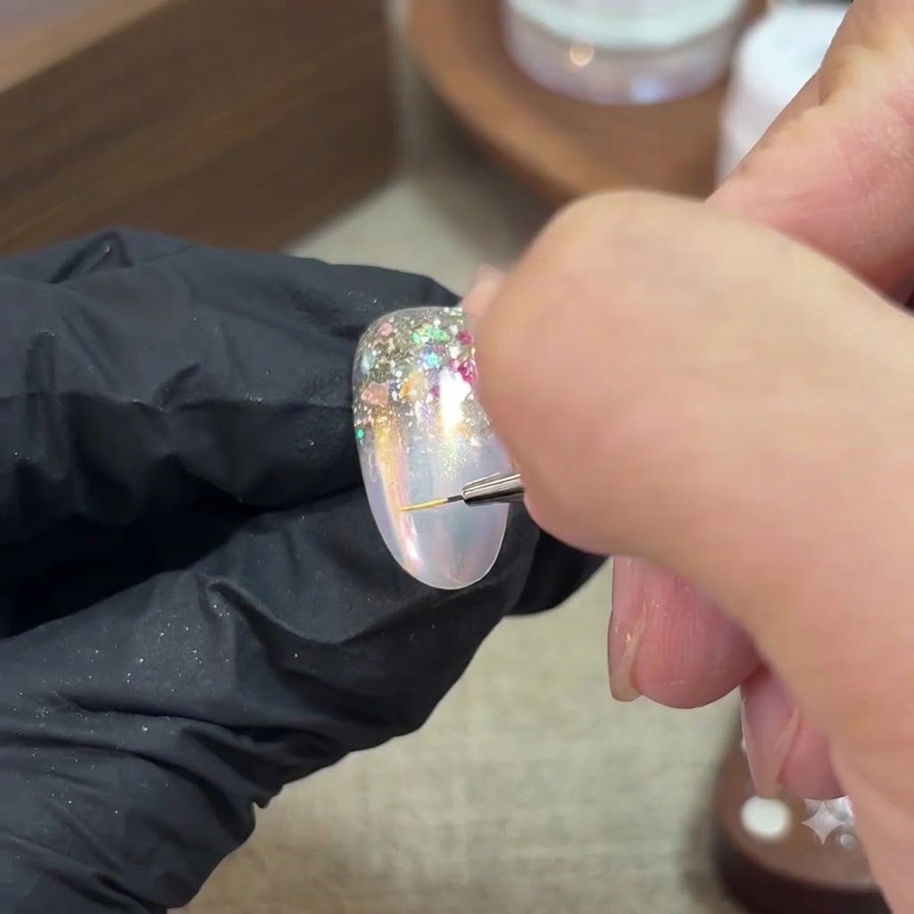 Un pinceau fin utilisant du gel jaune pour peindre une étoile à six branches sur un ongle préparé.