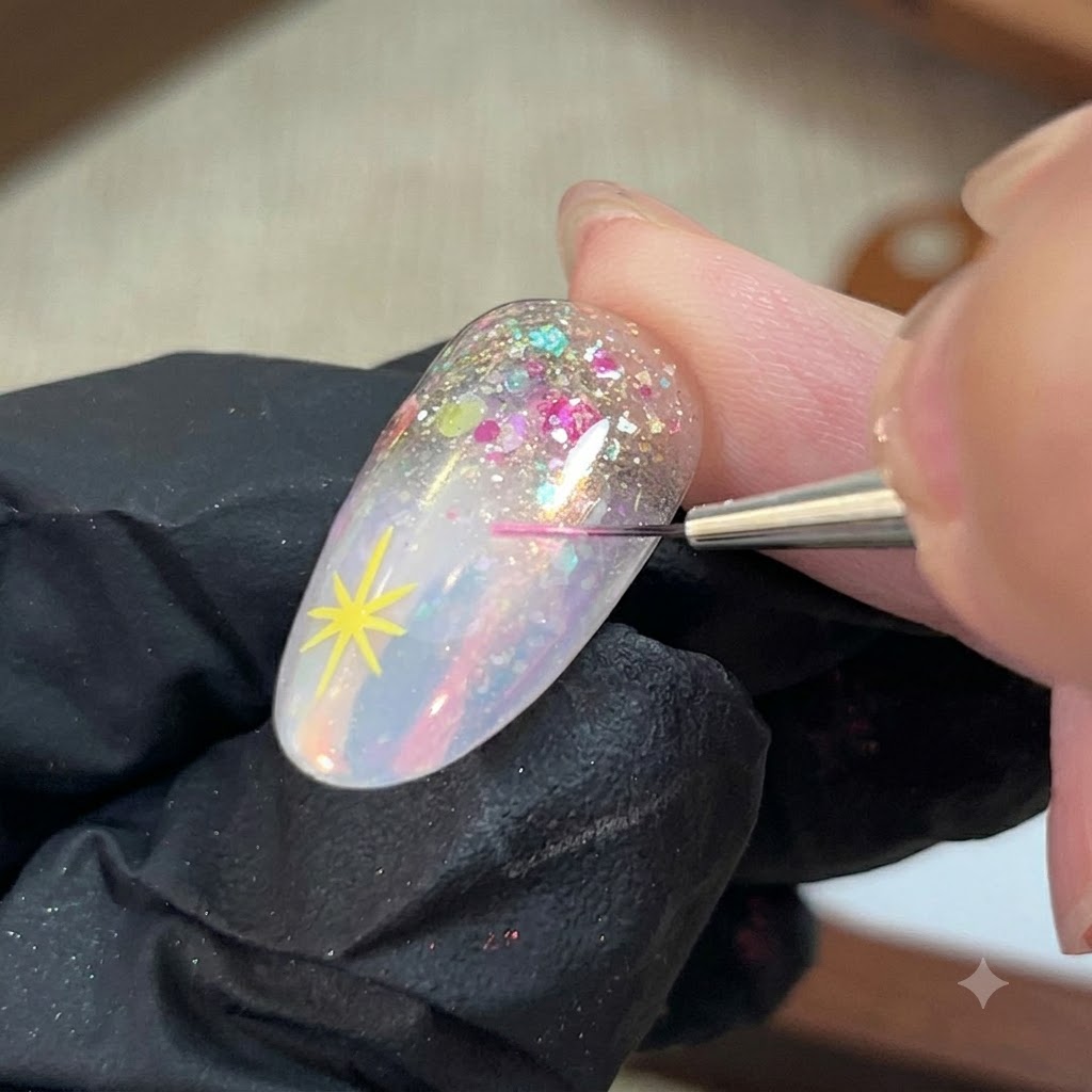 Un pinceau fin utilisant du gel rose pour peindre une étoile à cinq branches à côté dune étoile jaune sur un ongle.