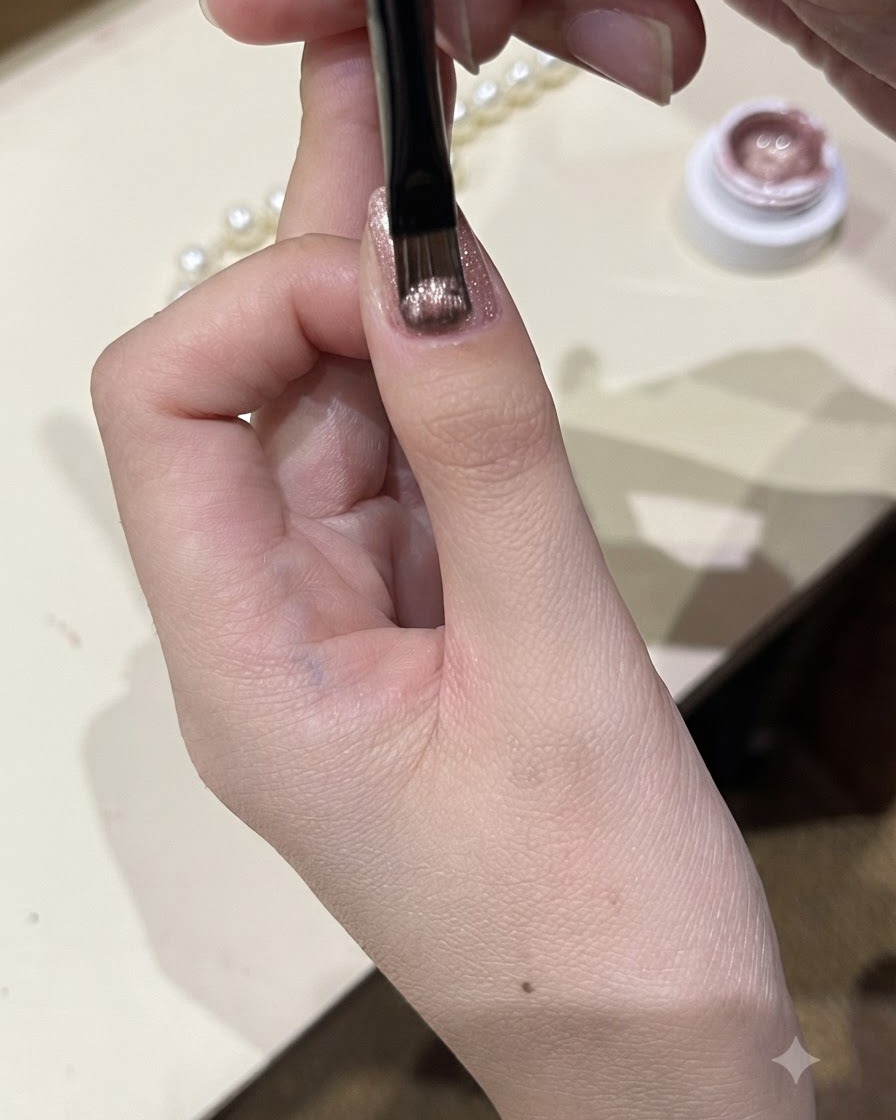 Vue rapprochée dun pinceau fin appliquant un vernis gel œil de chat scintillant sur un ongle de pouce.