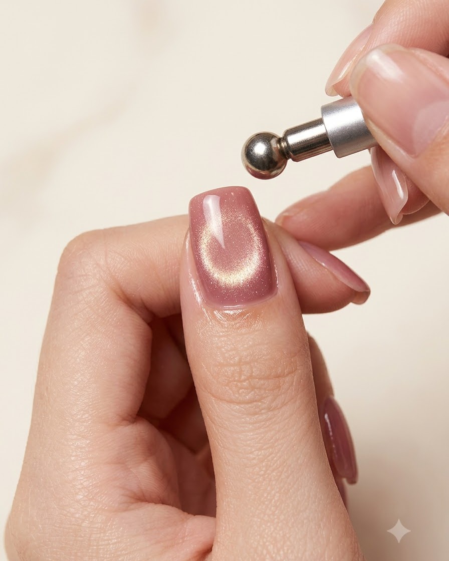 Un outil magnétique sphérique survolant un ongle pour façonner un effet dorbe œil de chat concentré.
