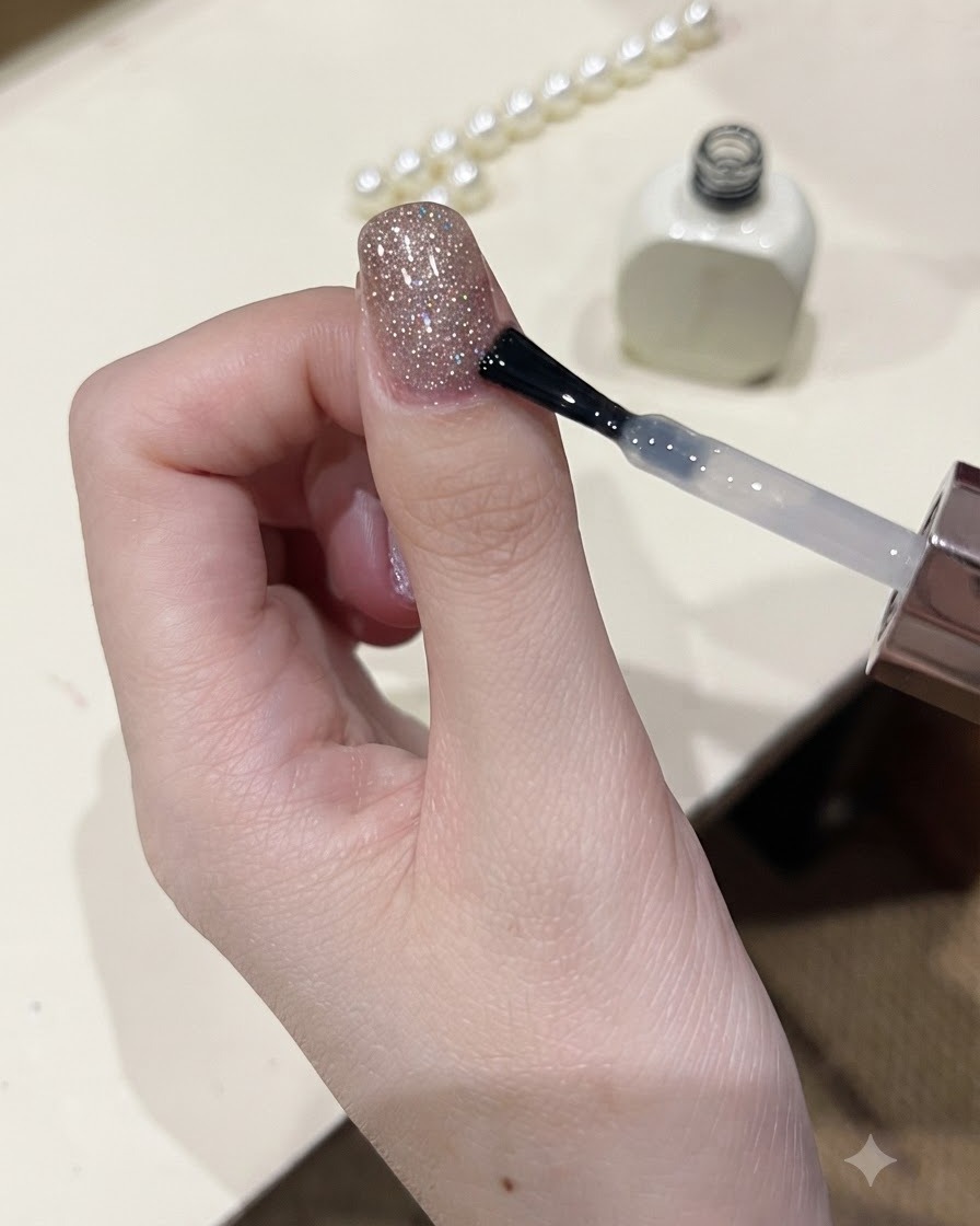 Un pinceau appliquant une couche de finition transparente et brillante sur un design dongle pailleté étincelant.