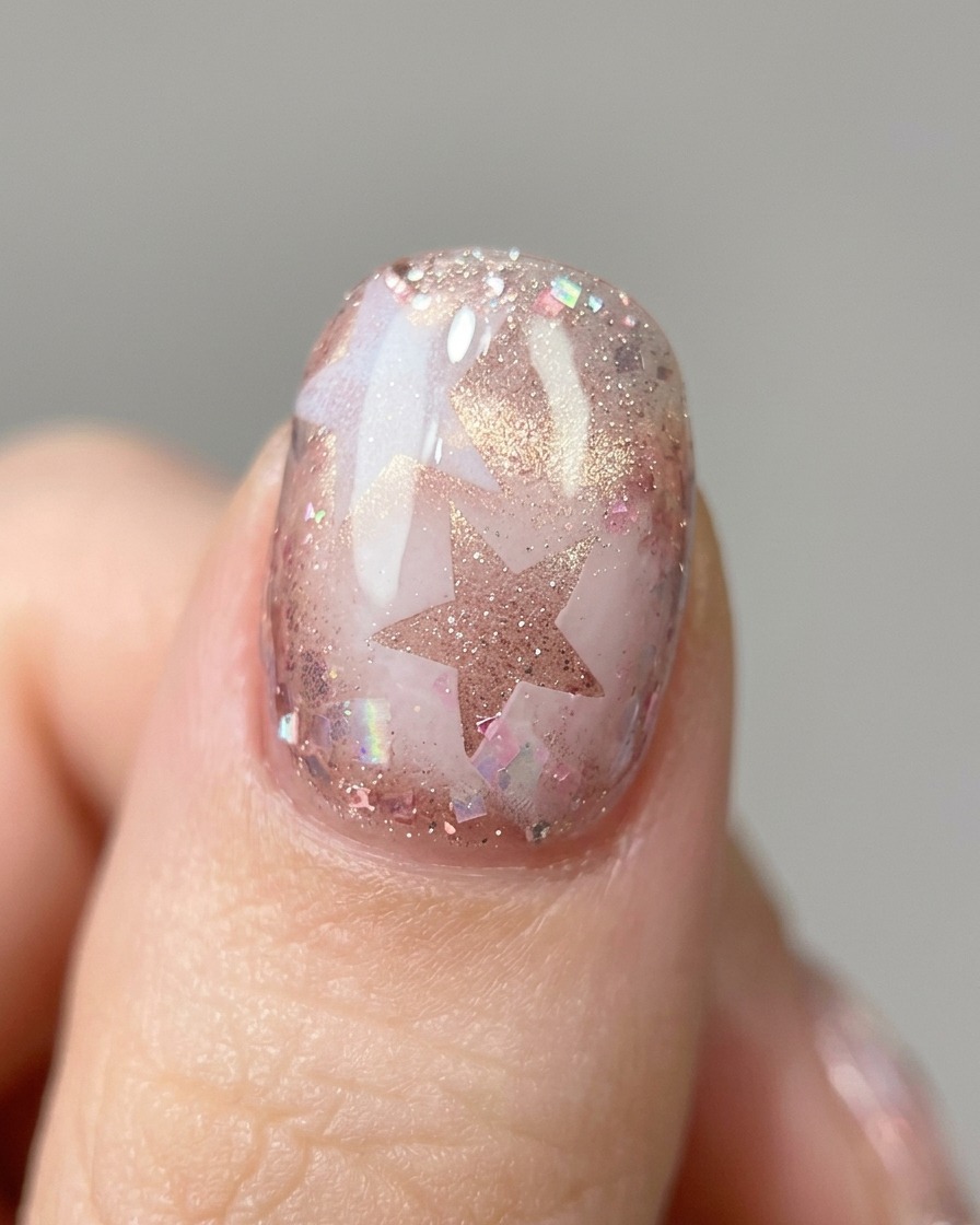 Une paire de brucelles plaquant un autocollant étoile métallique sur un ongle en gel décoré.